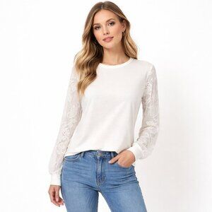 See by Chloe White Sheer Lace Sleeve T-Shirt Top Cotton Feminine Women's Size S